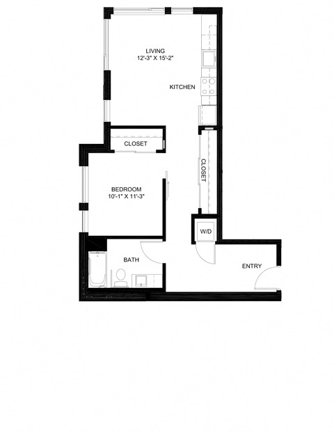 Floor plan for 1 bed, 1 bath, 702 sqft